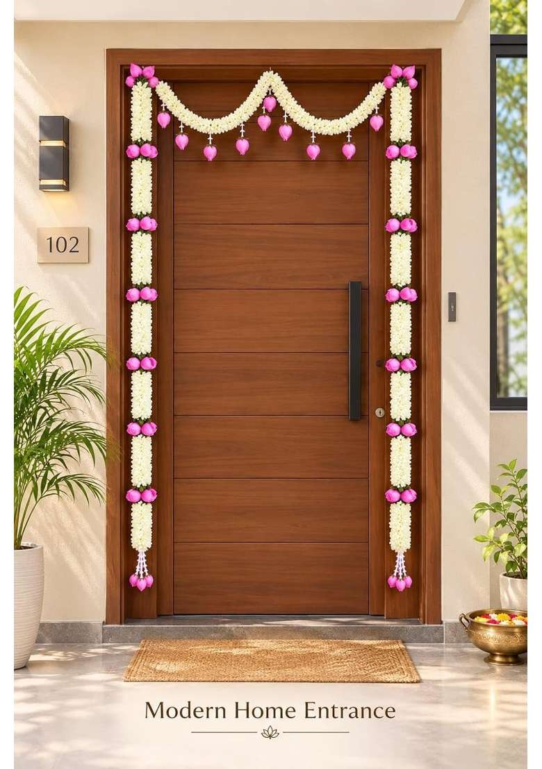 Vigen Artificial Lotus Door Toran White Garland with Pink Lotus - Indya