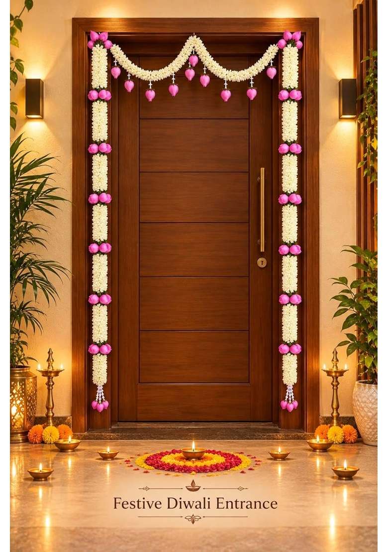 Vigen Artificial Lotus Door Toran White Garland with Pink Lotus - Indya