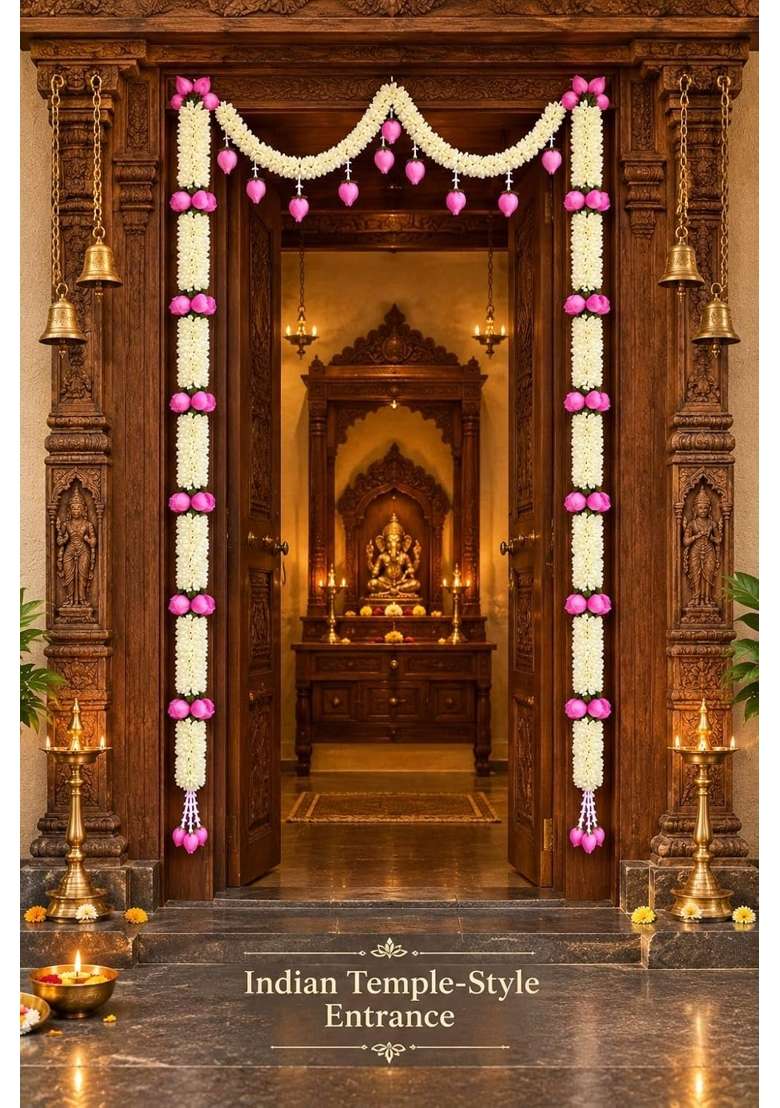 Vigen Artificial Lotus Door Toran White Garland with Pink Lotus - Indya