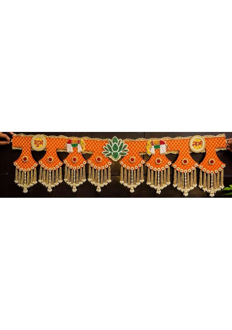 Multicolour Decorative Door Toran for Home Entrance Traditional Shubh Labh Bandhanwar with Pearl Tassels - Indya