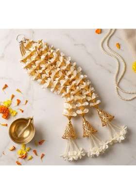 Artificial Flower Factory Traditional Indian White and Golden Artificial Flower Toran with Pearl Set of 10