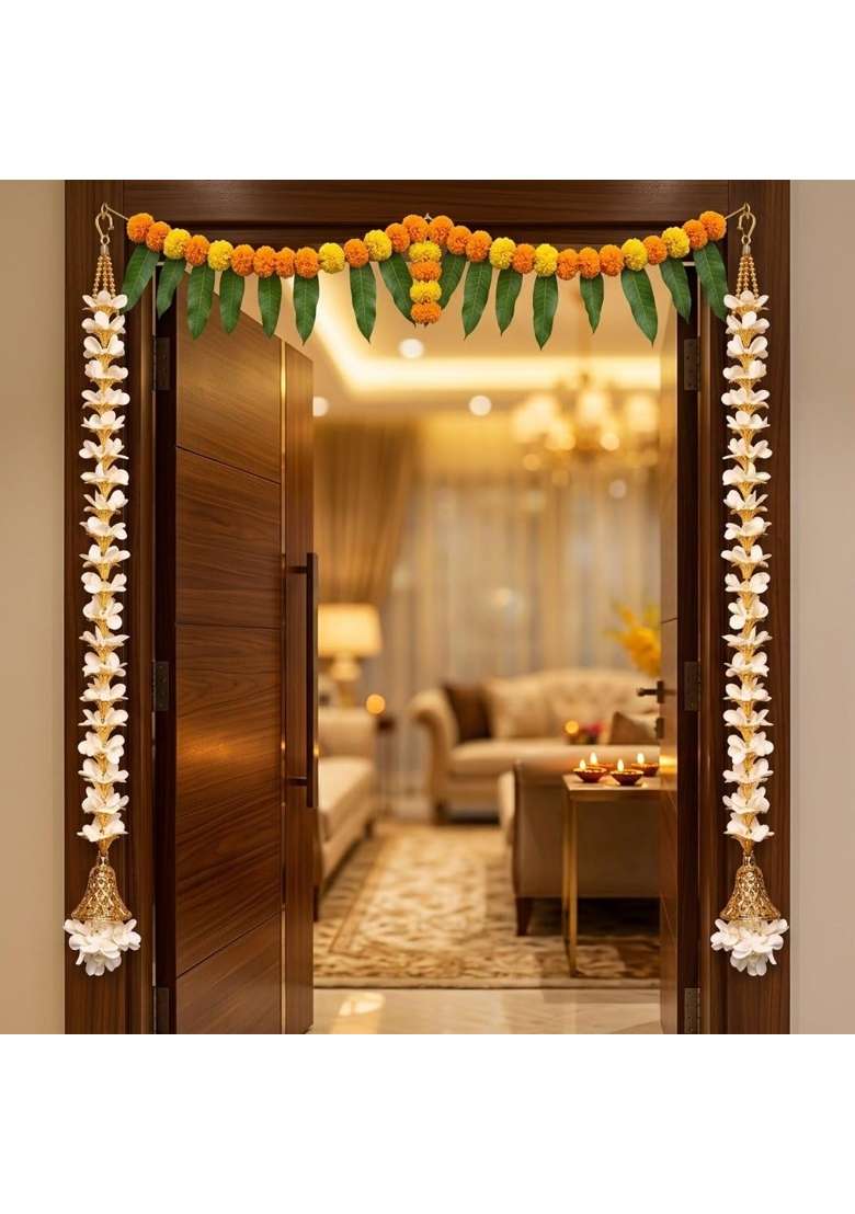 Artificial Flower Factory Traditional Indian White and Golden Artificial Flower Toran with Pearl Set of 10 - Indya
