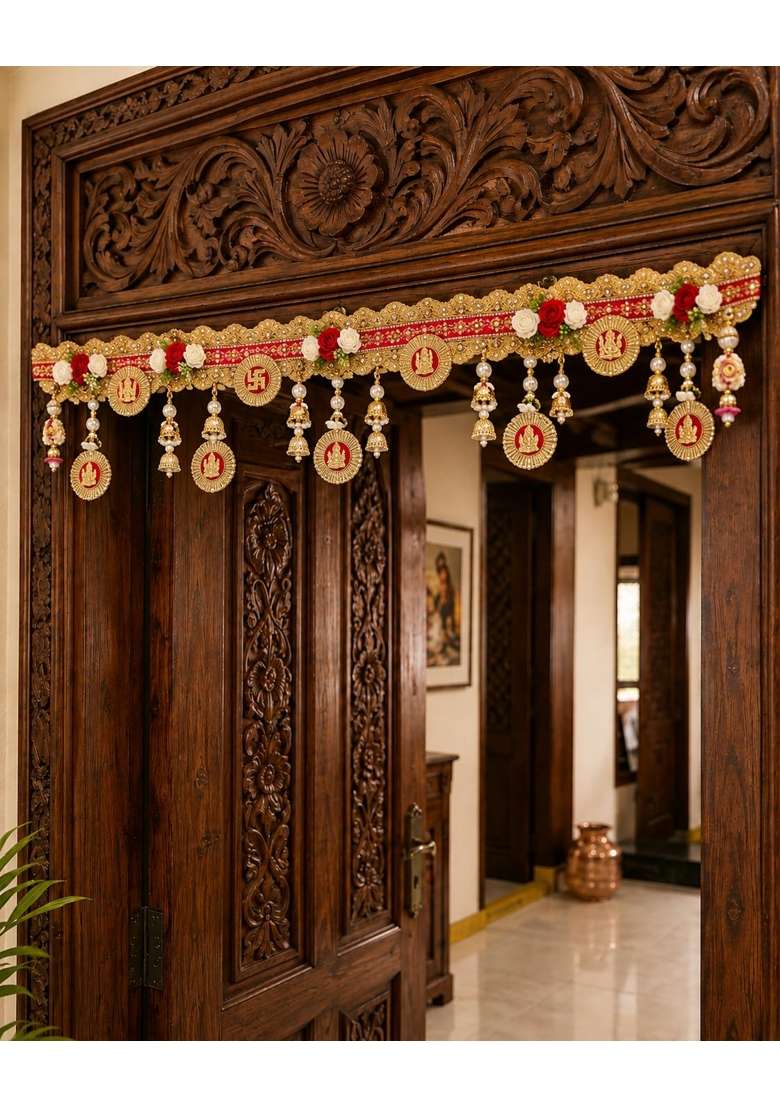 Kalla by Foraam 42 Inch Premium Door Toran Handmade Pink Yellow Pearl and Stone Work Bandhanwar with Jhumka - Indya