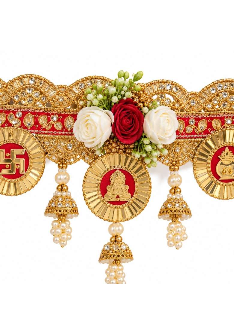 Kalla by Foraam 42 Inch Premium Door Toran Handmade Pink Yellow Pearl and Stone Work Bandhanwar with Jhumka - Indya