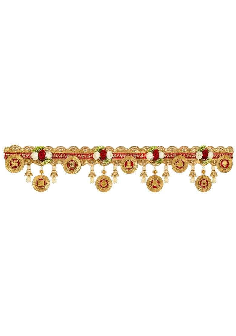 Kalla by Foraam 42 Inch Premium Door Toran Handmade Pink Yellow Pearl and Stone Work Bandhanwar with Jhumka - Indya