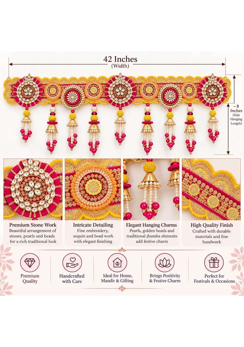 Kalla by Foraam 42 Inch Premium Door Toran Handmade Pink Yellow Pearl and Stone Work Bandhanwar with Jhumka - Indya