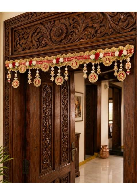 Kalla by Foraam 42 Inch Premium Door Toran Handmade Pink Yellow Pearl and Stone Work Bandhanwar with Jhumka