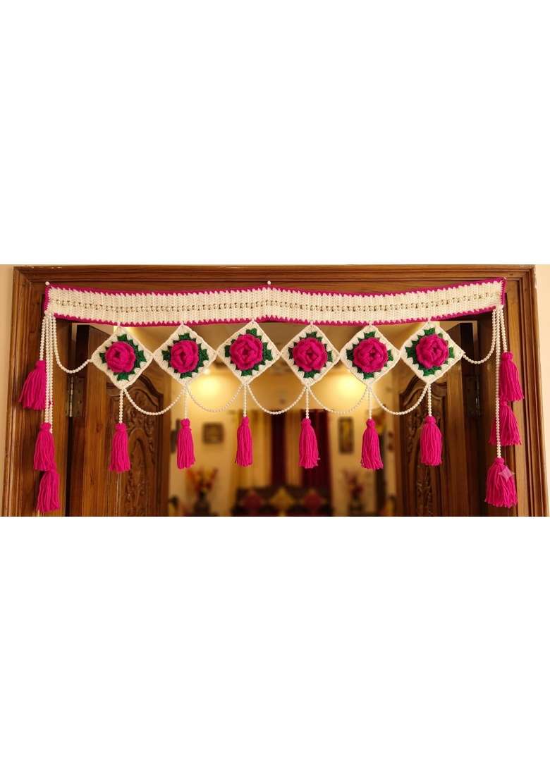 Urban Crochet Handmade Premium Toran with Pink Roses and Pearl Detailing - Indya
