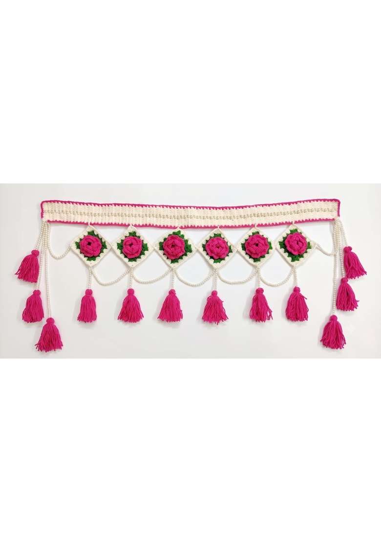 Urban Crochet Handmade Premium Toran with Pink Roses and Pearl Detailing - Indya