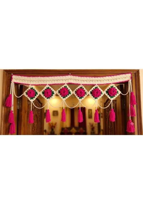 Urban Crochet Handmade Premium Toran with Pink Roses and Pearl Detailing