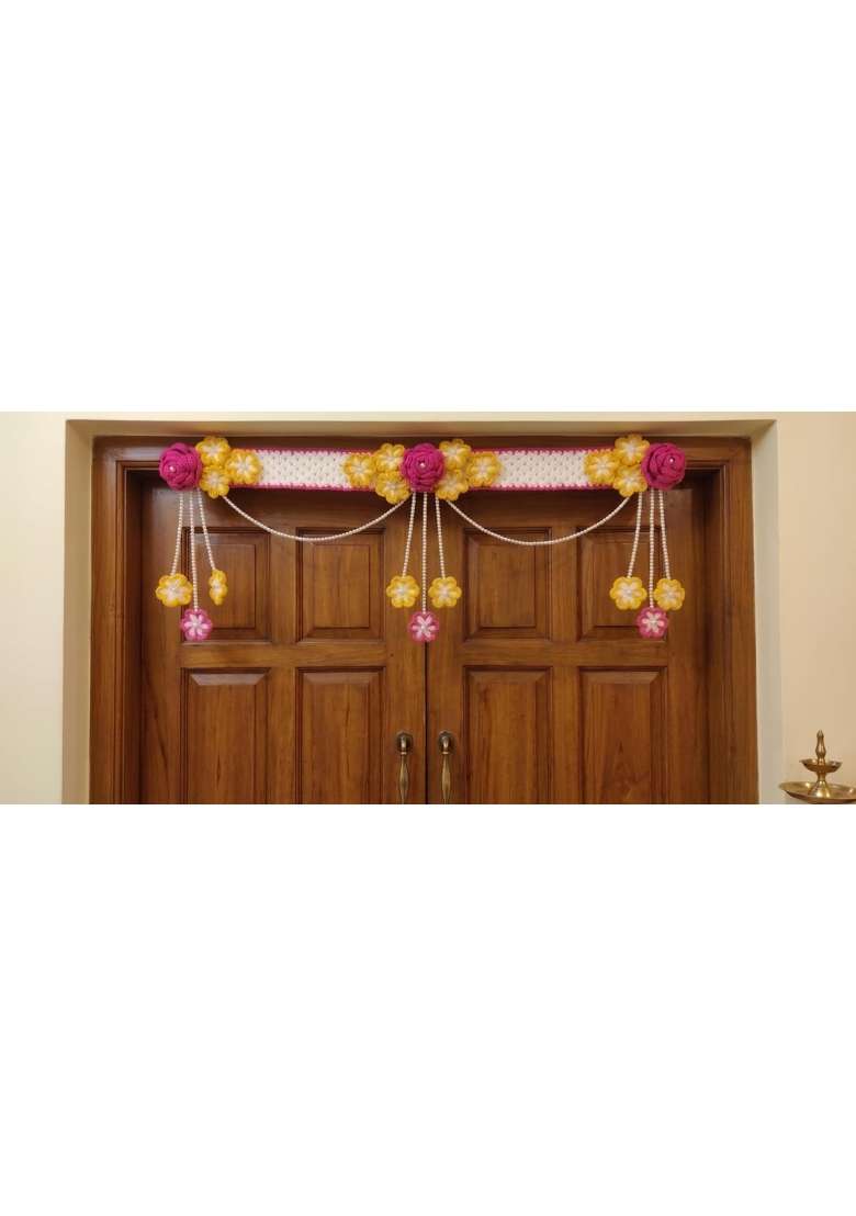 Urban Crochet Handmade Floral Crochet Toran Pink and Yellow Pearl Door Hanging Bandarwal for Festive Home - Indya