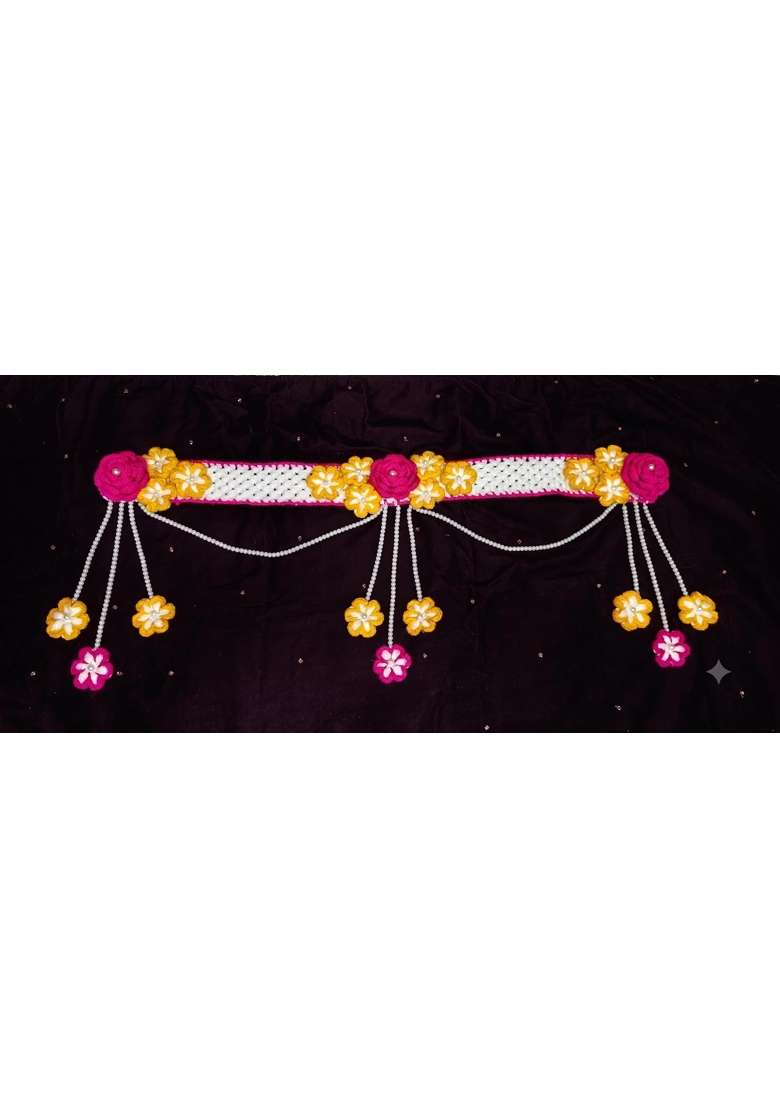 Urban Crochet Handmade Floral Crochet Toran Pink and Yellow Pearl Door Hanging Bandarwal for Festive Home - Indya