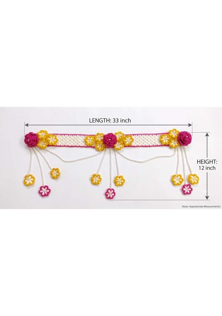 Urban Crochet Handmade Floral Crochet Toran Pink and Yellow Pearl Door Hanging Bandarwal for Festive Home - Indya