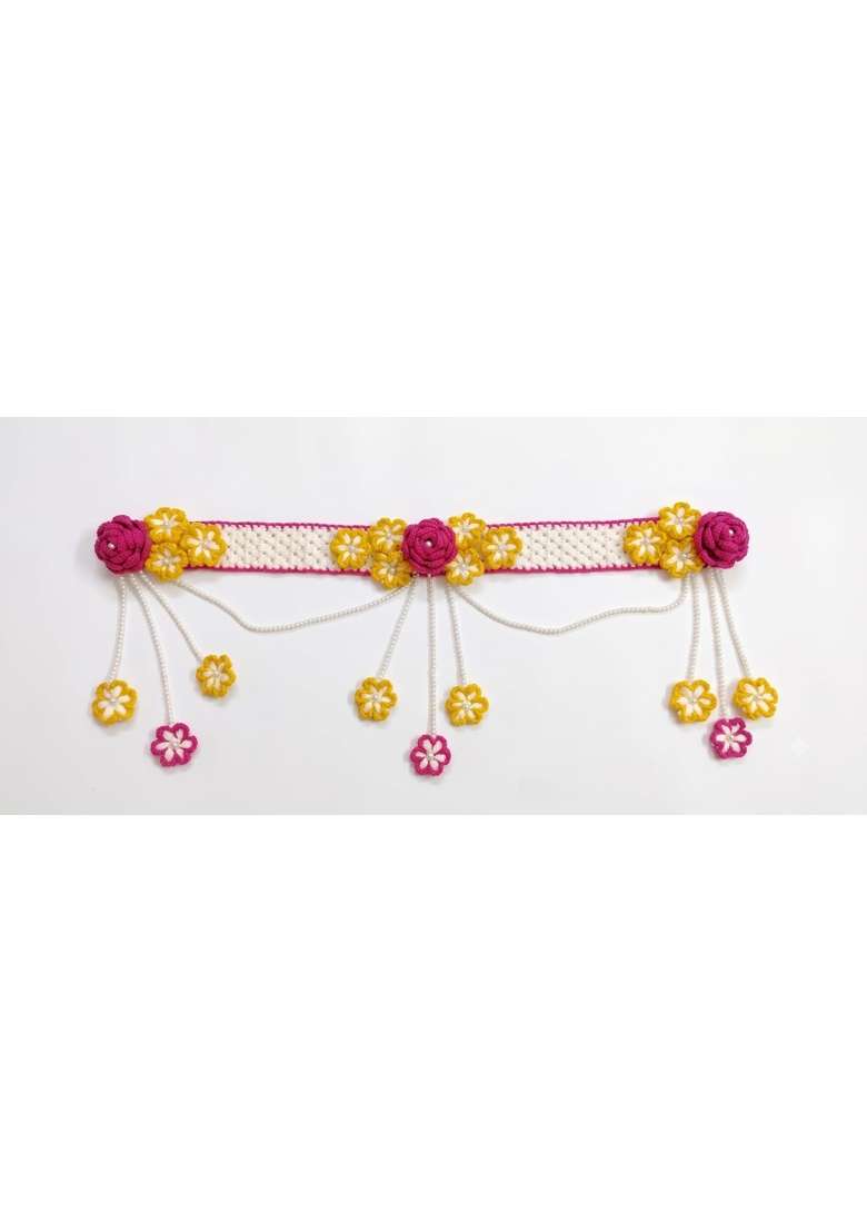 Urban Crochet Handmade Floral Crochet Toran Pink and Yellow Pearl Door Hanging Bandarwal for Festive Home - Indya