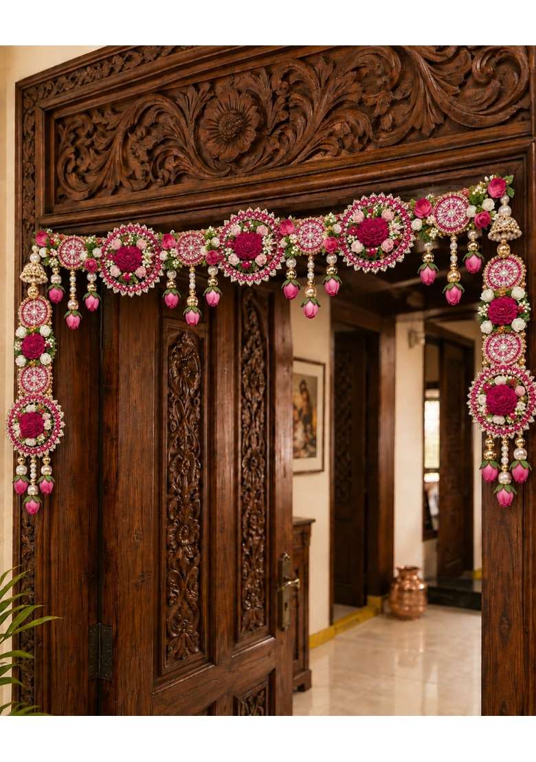 Kalla by Foraam 42 Inch Premium Floral Door Toran Handmade Pink Flower Pearl Mirror and Stone Work Bandhanwar - Indya