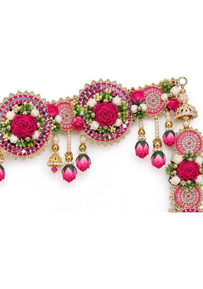 Kalla by Foraam 42 Inch Premium Floral Door Toran Handmade Pink Flower Pearl Mirror and Stone Work Bandhanwar - Indya