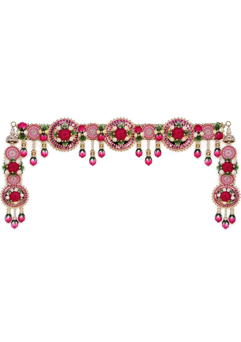 Kalla by Foraam 42 Inch Premium Floral Door Toran Handmade Pink Flower Pearl Mirror and Stone Work Bandhanwar - Indya
