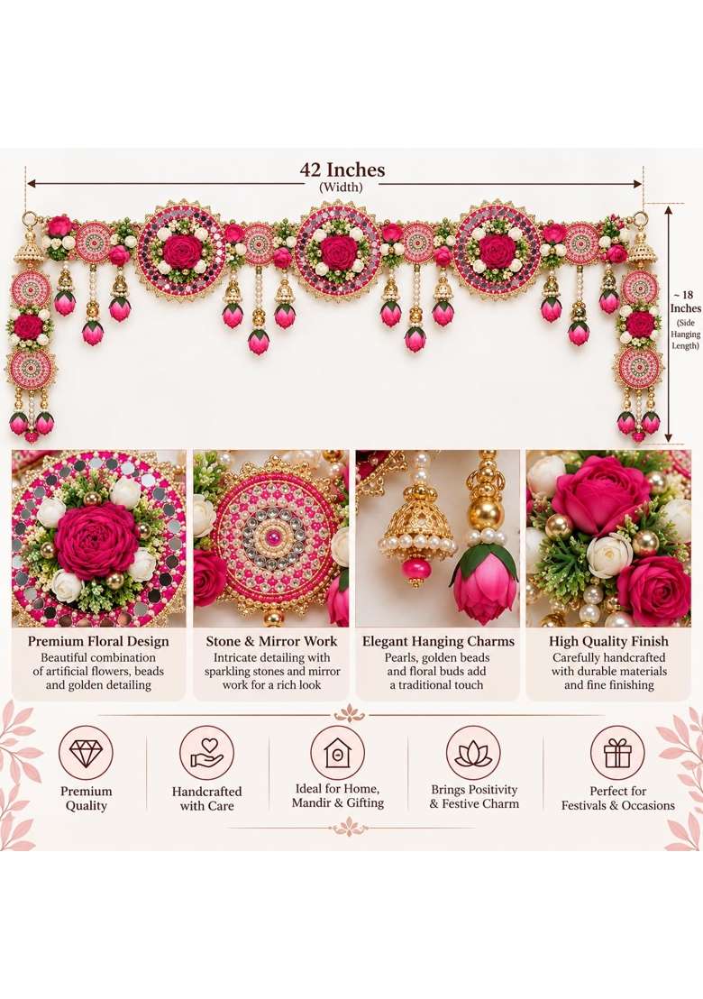 Kalla by Foraam 42 Inch Premium Floral Door Toran Handmade Pink Flower Pearl Mirror and Stone Work Bandhanwar - Indya