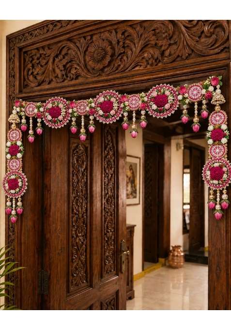 Kalla by Foraam 42 Inch Premium Floral Door Toran Handmade Pink Flower Pearl Mirror and Stone Work Bandhanwar