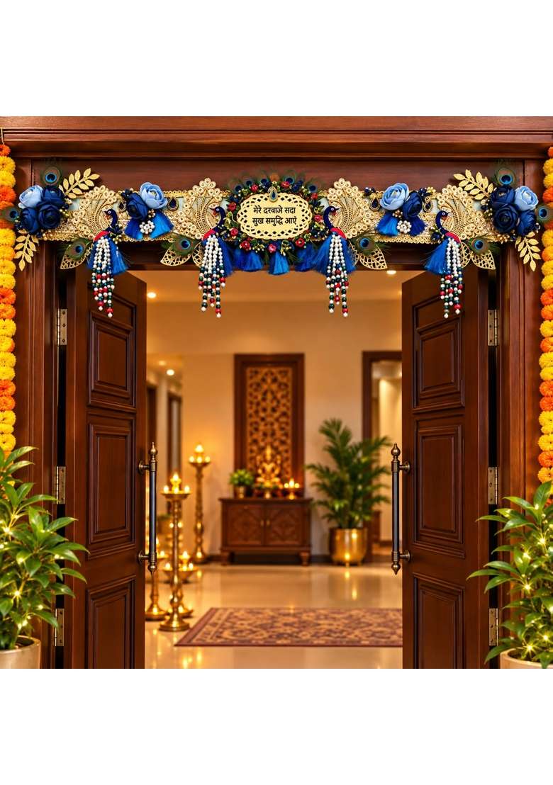Peacock Decorative Door Toran for Home Entrance Traditional Blue Peacock Bandhanwar with Floral Embellishments - Indya