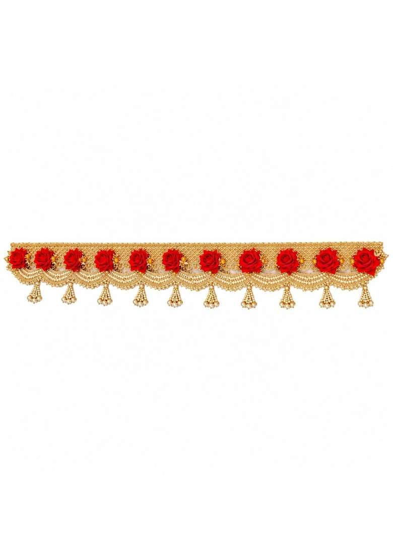 Decorative Door Toran with Red Rose Design and Hanging Beads - Indya