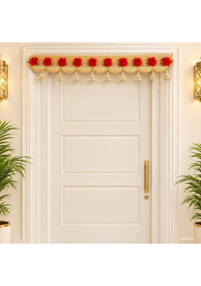 Decorative Door Toran with Red Rose Design and Hanging Beads - Indya