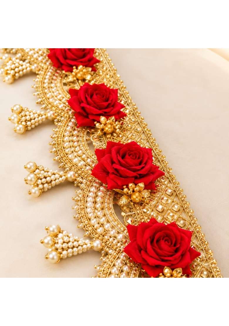 Decorative Door Toran with Red Rose Design and Hanging Beads - Indya