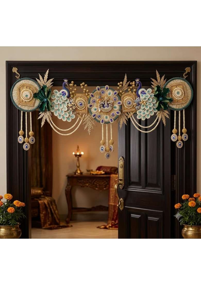 Decorative Peacock Toran with Pearl Chains and Beadwork - Indya
