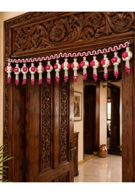 Kalaa by Foraam Handmade Floral Toran for Door 42 Inch Pink and White Artificial Rose Toran with Pearl Beads