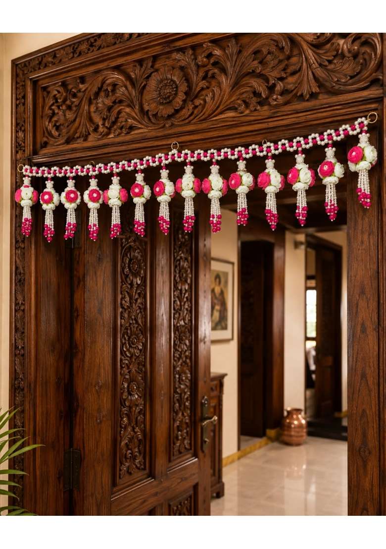 Kalaa by Foraam Handmade Floral Toran for Door 42 Inch Pink and White Artificial Rose Toran with Pearl Beads - Indya