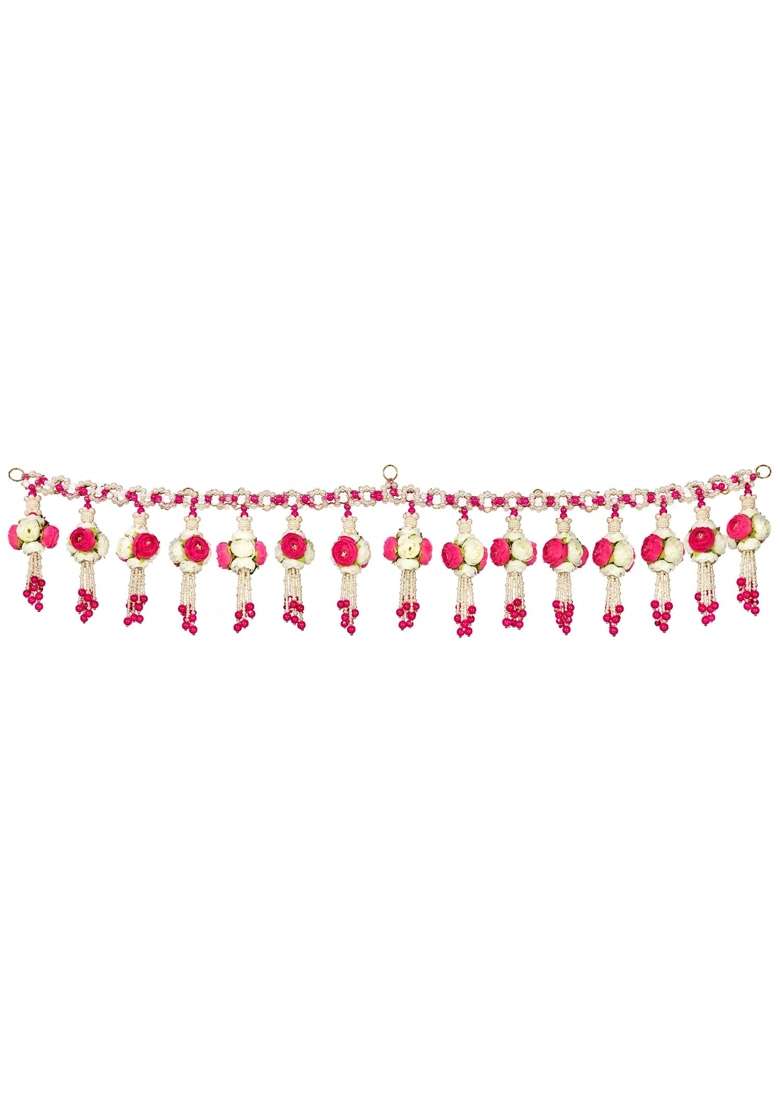 Kalaa by Foraam Handmade Floral Toran for Door 42 Inch Pink and White Artificial Rose Toran with Pearl Beads - Indya
