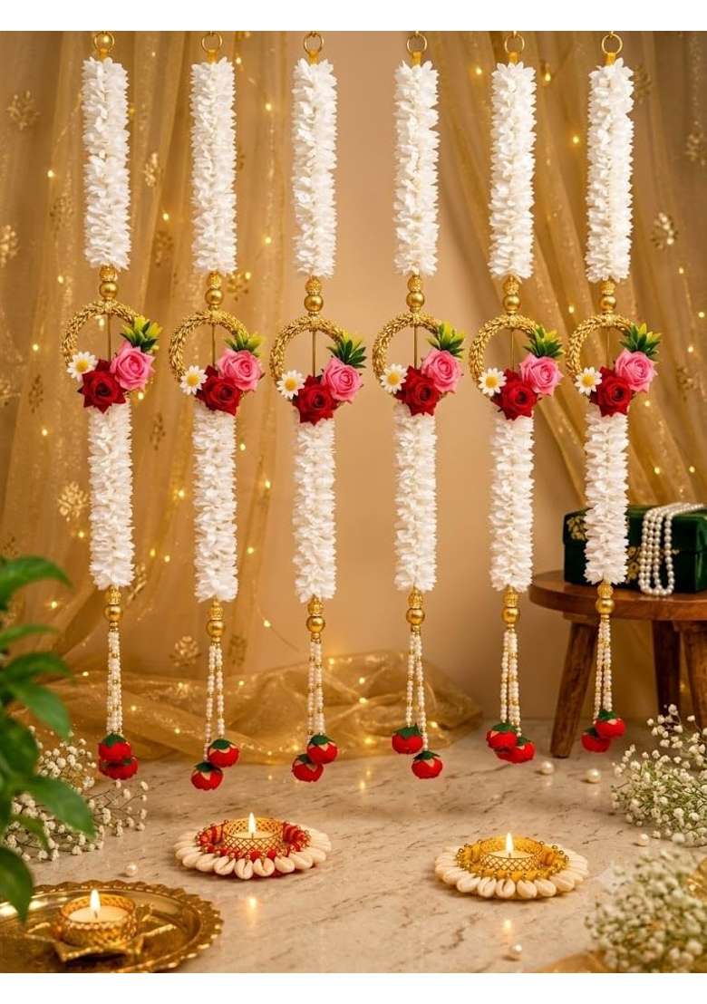Phool Mala Hanging for Door Decoration Artificial Flower Mala with Rose Pearl and Golden Bead Design - Indya