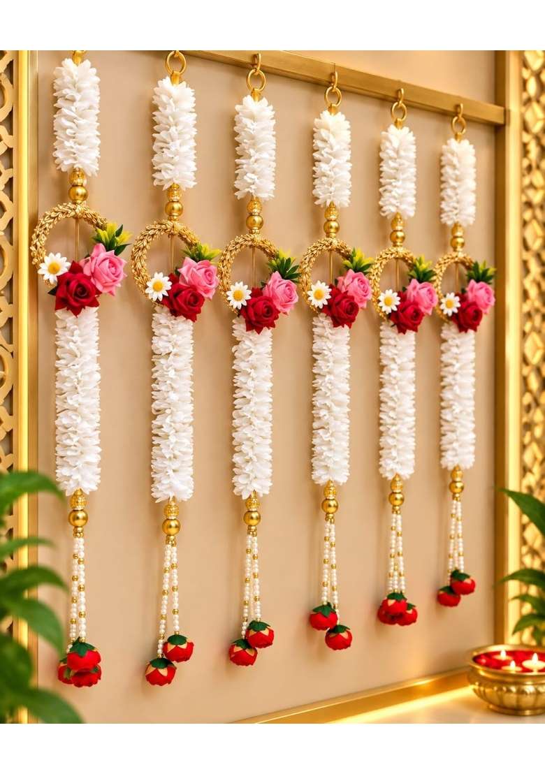 Phool Mala Hanging for Door Decoration Artificial Flower Mala with Rose Pearl and Golden Bead Design - Indya