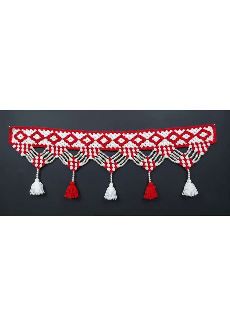 Urban Crochet Handmade Red and White Pearl Toran for Main Door 35 X 11 and Half - Indya