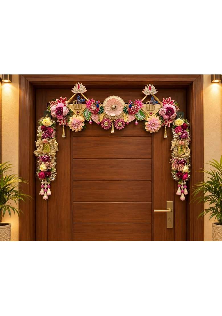 Pink Floral Door Toran Bandhanwar for Home Decoration Artificial Flower Door Hanging with Peacock and Lotus - Indya