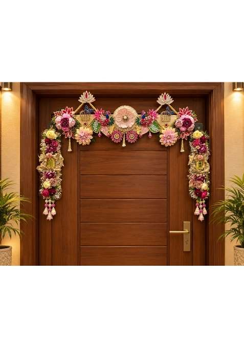 Pink Floral Door Toran Bandhanwar for Home Decoration Artificial Flower Door Hanging with Peacock and Lotus
