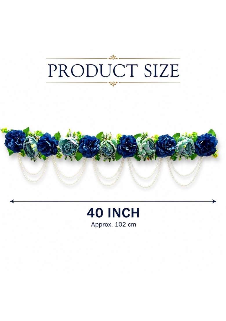 Craft Shop India Flower Toran for Main Door and Mandir 40 Inch Blue Floral Bandhanwar with Pearl Moti Garland - Indya