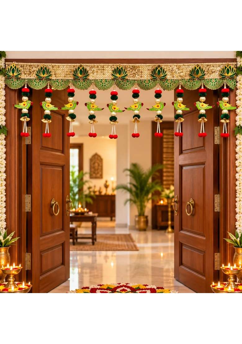 Craft Shop India Traditional Toran for Main Door and Mandir 40 Inch Wooden Parrot Bandhanwar with Lotus Motifs - Indya
