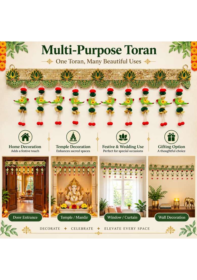 Craft Shop India Traditional Toran for Main Door and Mandir 40 Inch Wooden Parrot Bandhanwar with Lotus Motifs - Indya