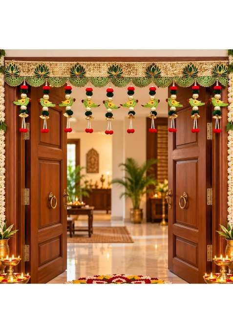Craft Shop India Traditional Toran for Main Door and Mandir 40 Inch Wooden Parrot Bandhanwar with Lotus Motifs