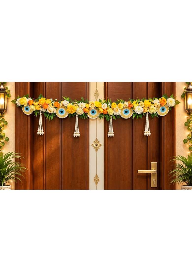 Yellow Floral Door Toran for Home Decoration Artificial Flower Bandhanwar with Pearl Hanging Decorative Main - Indya