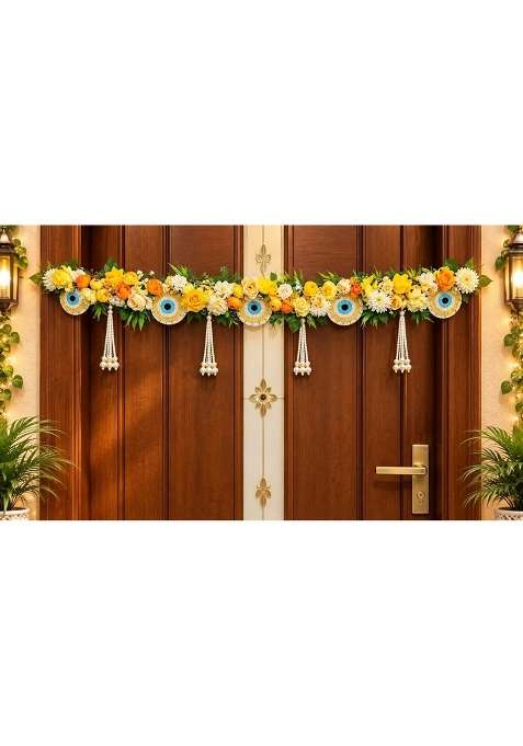 Yellow Floral Door Toran for Home Decoration Artificial Flower Bandhanwar with Pearl Hanging Decorative Main