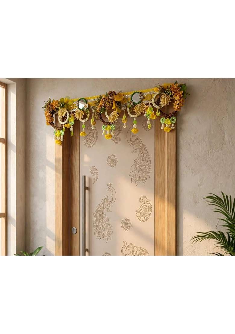 Bankim Multicolor Large Decorative Door Toran Bandhanwar with Jute Bamboo Flowers and Fabric for Home Entrance - Indya