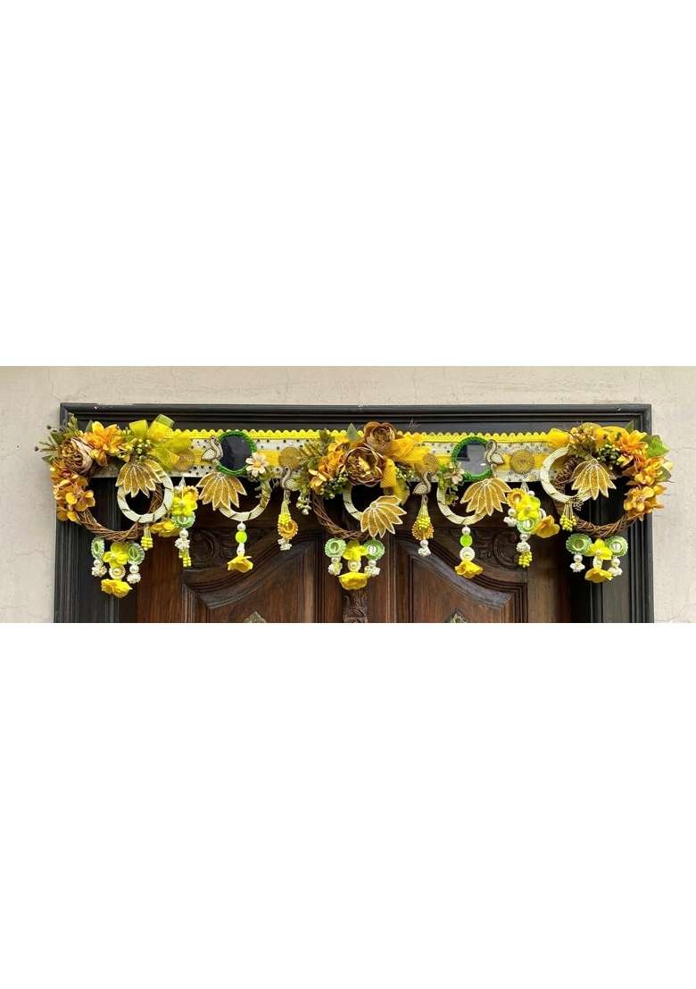 Bankim Multicolor Large Decorative Door Toran Bandhanwar with Jute Bamboo Flowers and Fabric for Home Entrance - Indya