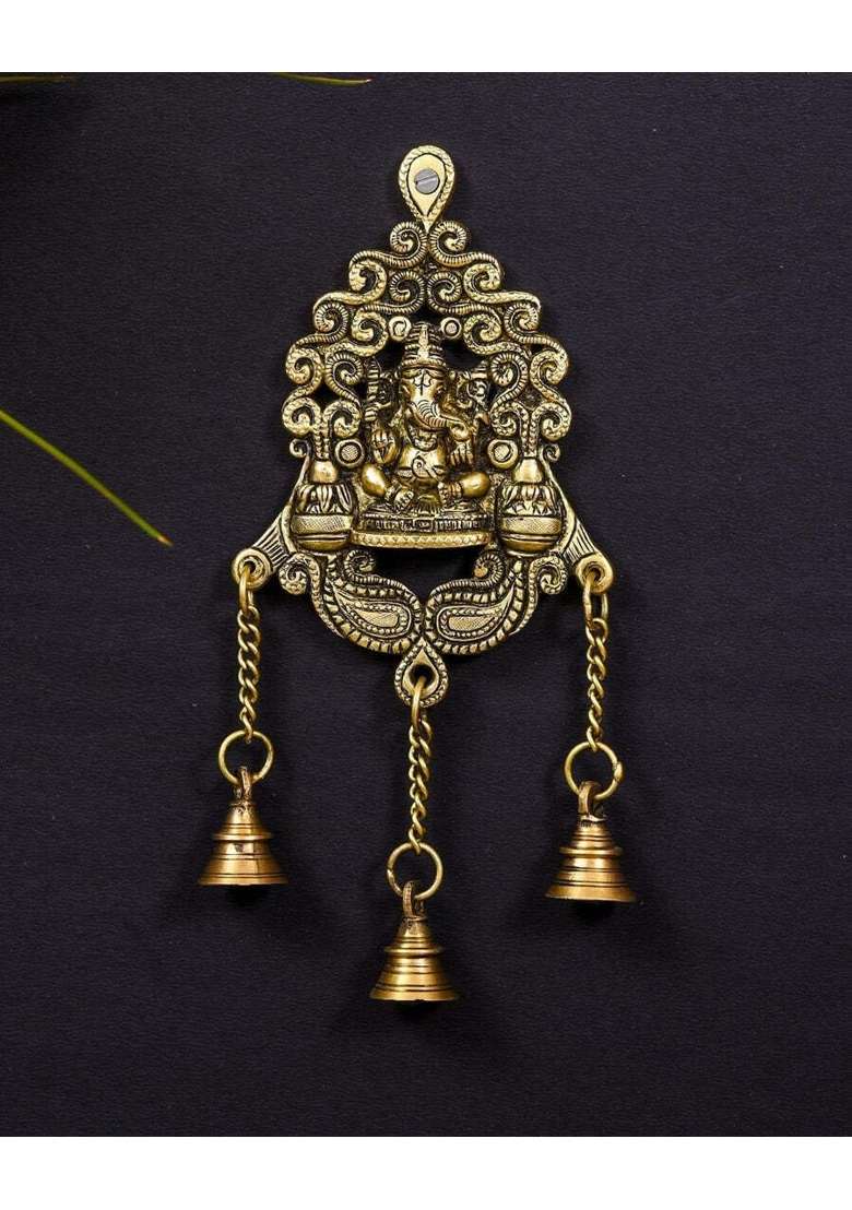 SJL Antique Brass Wall Hanging Ganesh Ganesha Gannu Ganpati Toran with Bells for Home Office Door Wall Decor - Indya
