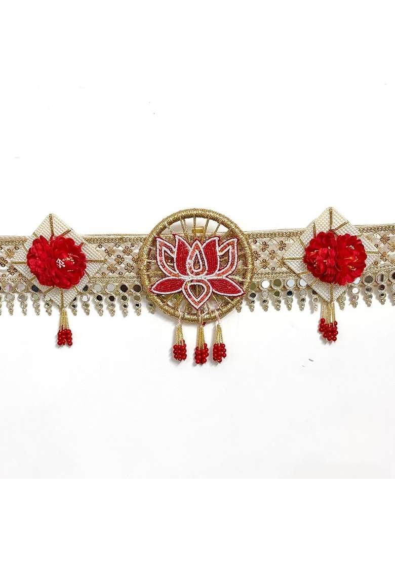 Craft Shop India Red White Shubh Labh Toran for Main Door 40 Inch Lotus Flower Bandhanwar with Mirror Lace - Indya