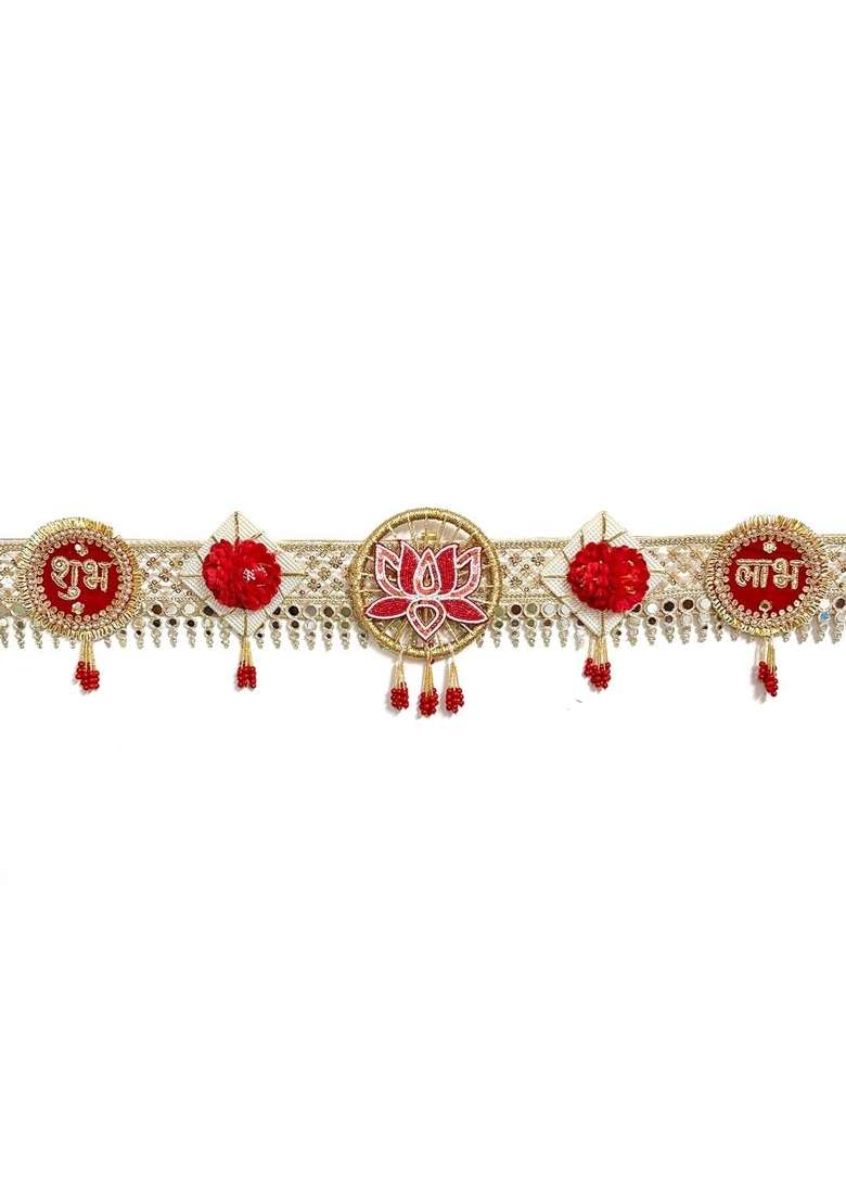 Craft Shop India Red White Shubh Labh Toran for Main Door 40 Inch Lotus Flower Bandhanwar with Mirror Lace - Indya