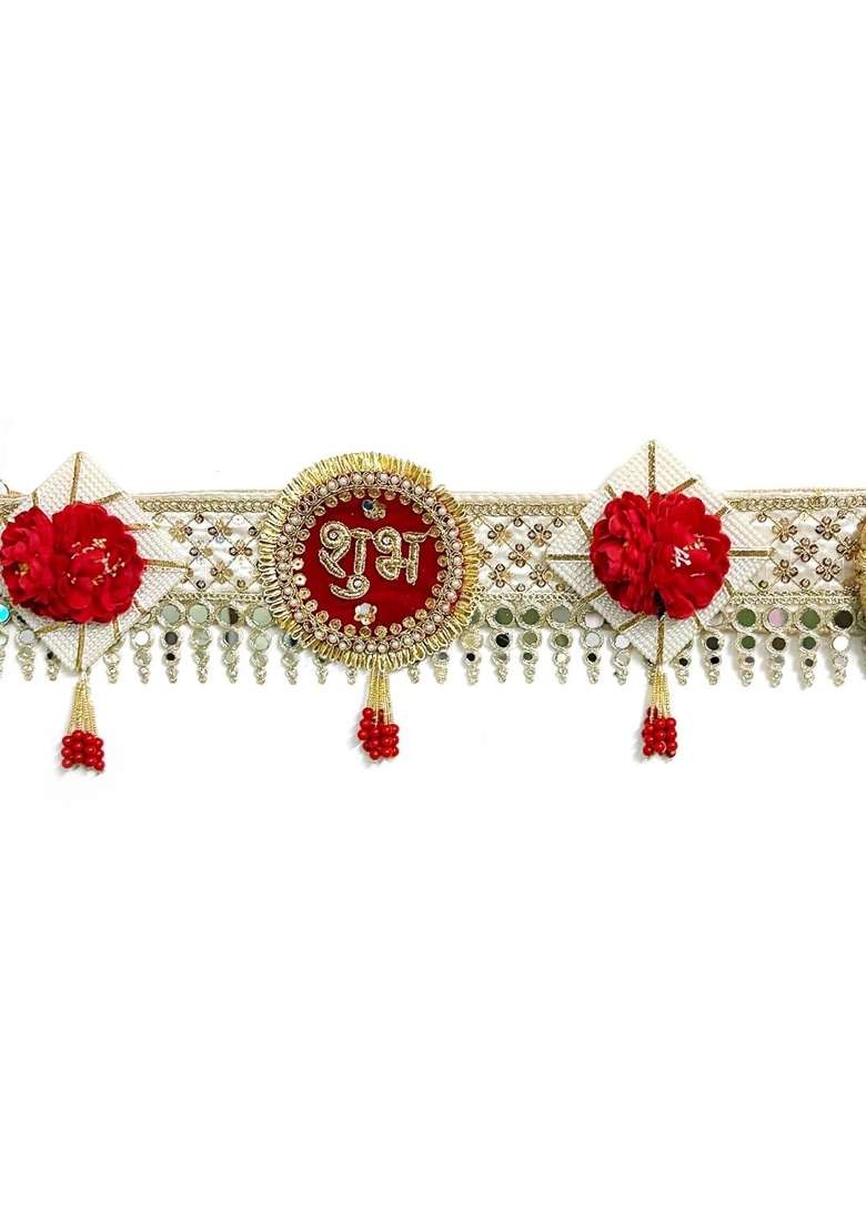 Craft Shop India Red White Shubh Labh Toran for Main Door 40 Inch Lotus Flower Bandhanwar with Mirror Lace - Indya