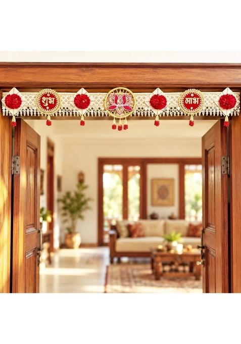 Craft Shop India Red White Shubh Labh Toran for Main Door 40 Inch Lotus Flower Bandhanwar with Mirror Lace