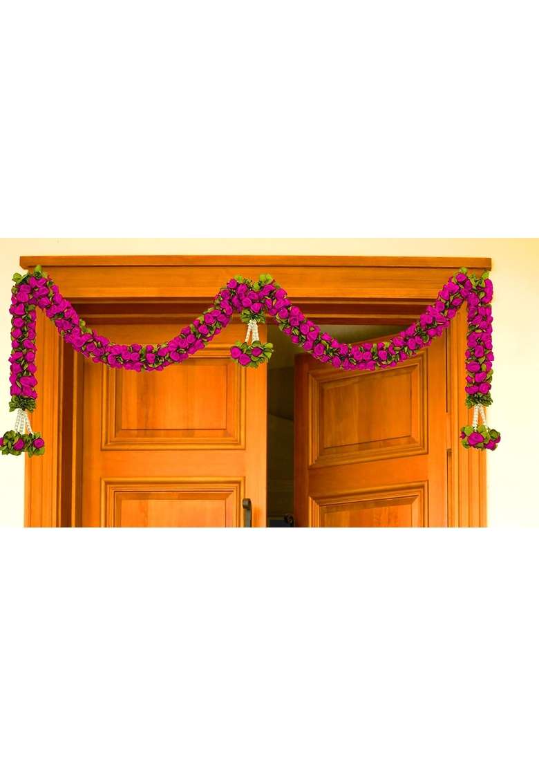 Tia Crafts Artificial Rose Door Garland Pink Flower Toran with Hangings Handmade Entrance Decoration Pink - Indya